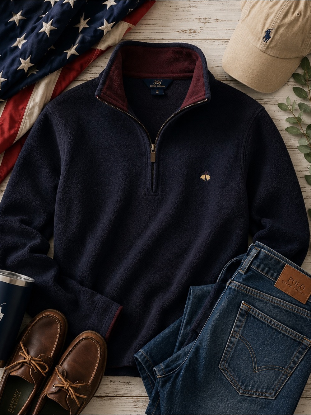 Brooks Brothers Navy Quarter-Zip Sweater with Burgundy Trim